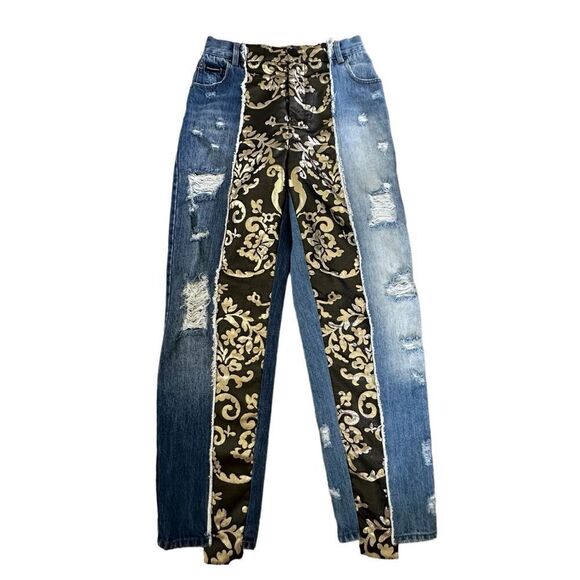 Dolce & Gabbana ~multi-distressed-brocade-relaxed-crop-jeans~missing brand patch - Picture 6 of 16